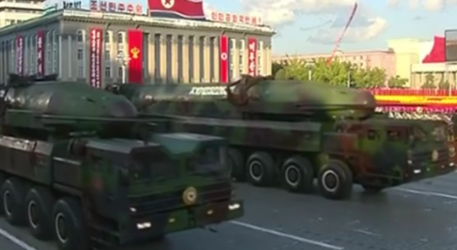 A new version of the KN-08 (Hwasong-13) in the parade. | Image: KCTV