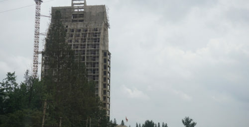 Construction on new sail-shaped tower in central Pyongyang underway: photos